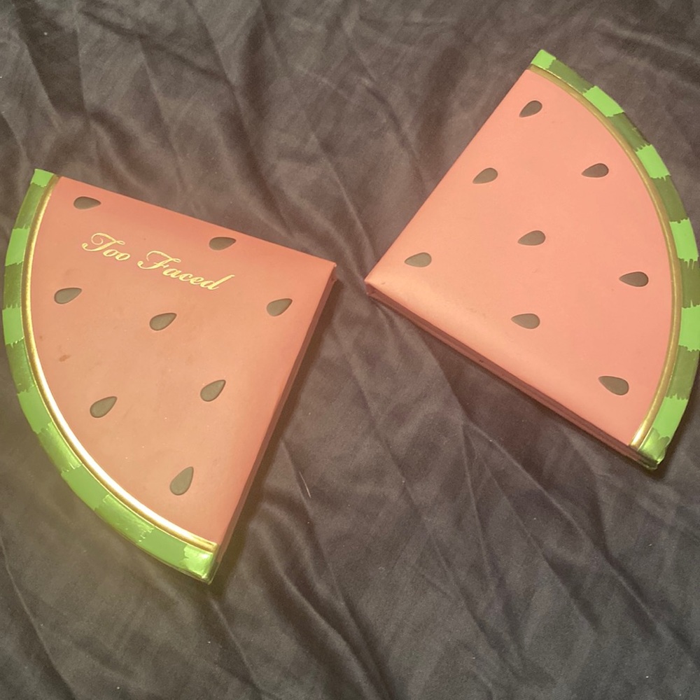 Too faced magnetic watermelon eyeshadow and blush pallets lightly swatch